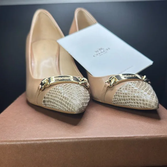 Coach Nude Pointed-Toe Flats with Gold Chain & Snakeskin Toe - Picture 4 of 12
